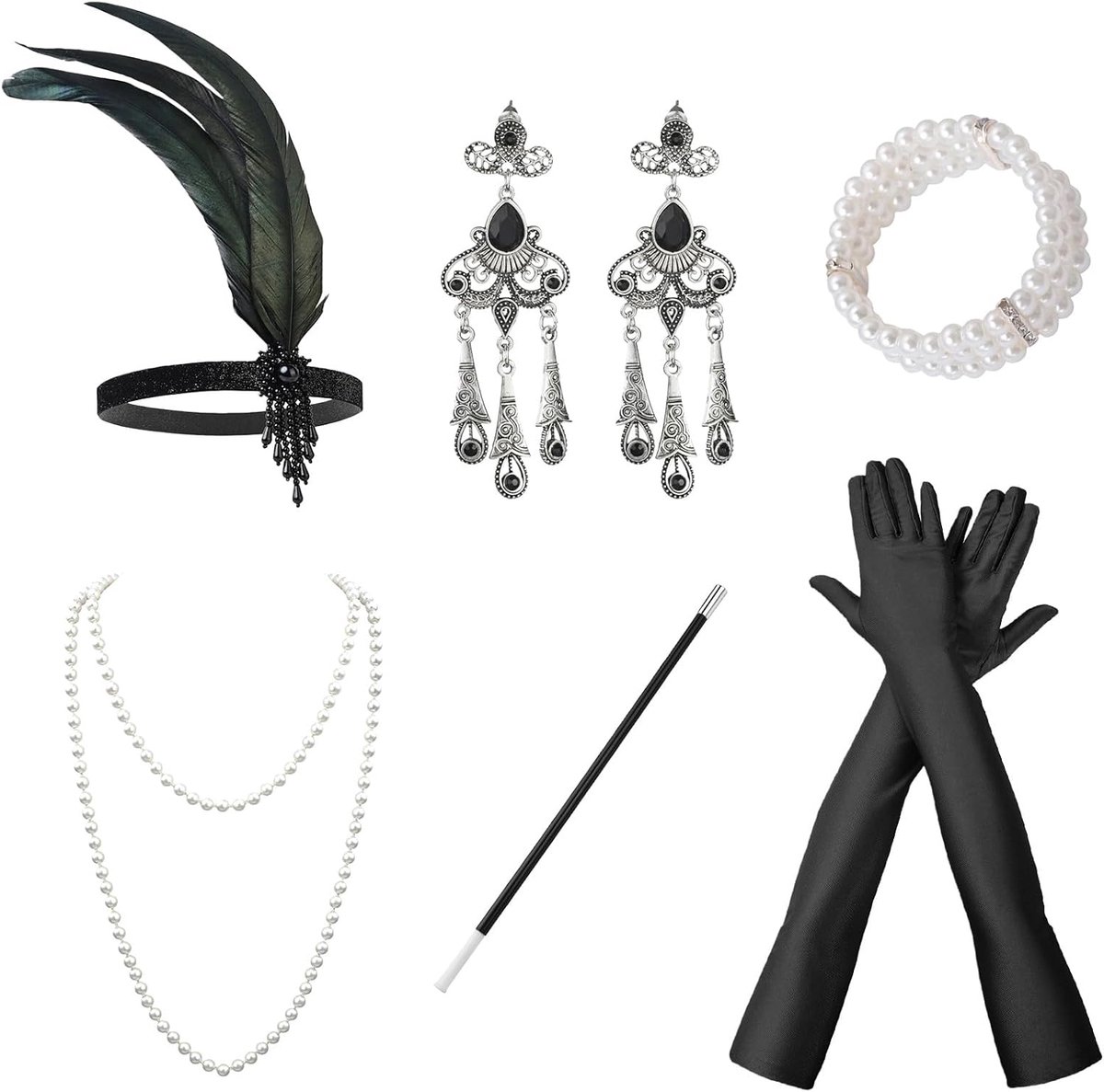 6 stuks 1920 accessoires set flapper brullende jaren 20 thema set voor vrouwen, hoofdband lange handschoenen ketting oorbellen handheld prop armband voor vrouwen dames thema feest
