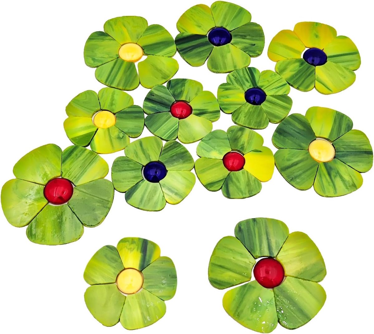 Mozaïektegelsset met Bloemen - 12 Bloemen met Bloemblaadjes en Platte Kralen voor DIY Ambachten, Huisdecoratie en Tuinkunst (Olijfgroen)