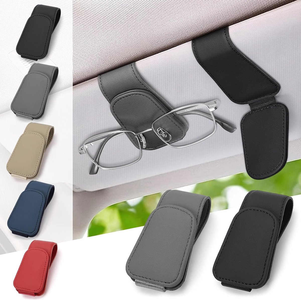 2 stuks brillenhouders voor auto, lederen zonnebrilhouder auto, magnetische autobrilhouder, universeel, autovizier, accessoires, zonnebrilhouder, zwart + grijs