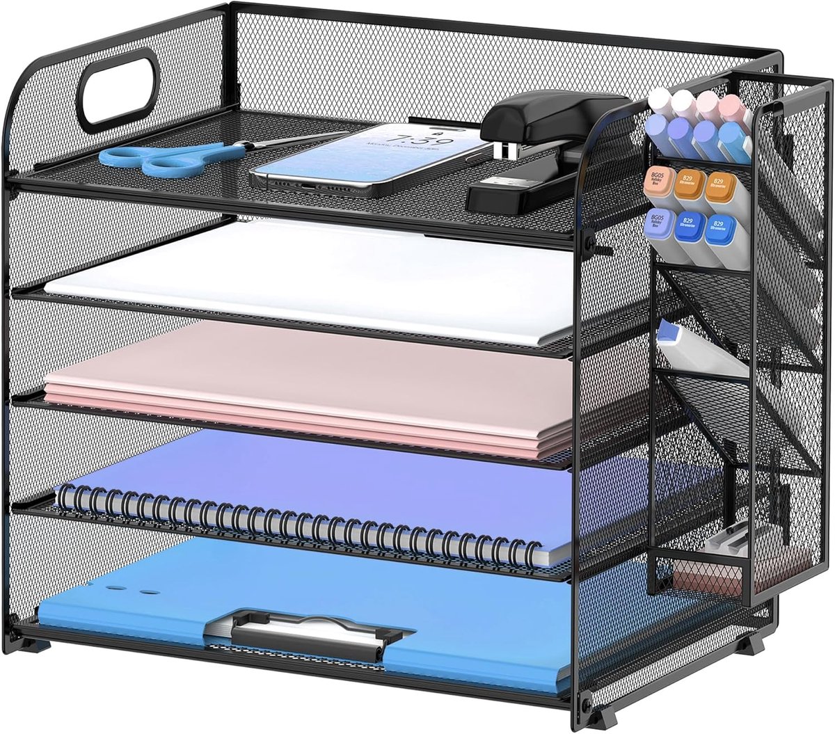 Bureau-organizer met 5 niveaus met handvat en afneembare pennenhouder, organizer voor bladeren/bestanden van mesh voor bureau, organizer voor mappen en letters (zwart)