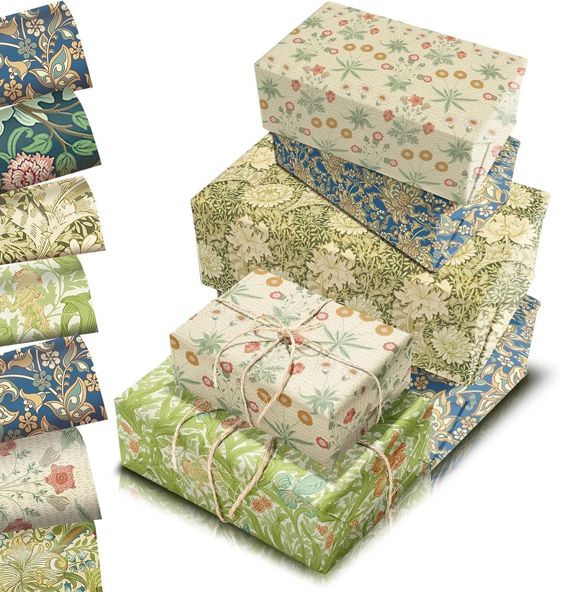 Morris Inpakpapier, vellen, 68 x 50 cm, 12 vellen retro bloemengroen, cadeaupapier, recyclebaar vintage groene wijnstokken, bloemenwikkel voor vrouwen, meisjes, verjaardagsfeestje