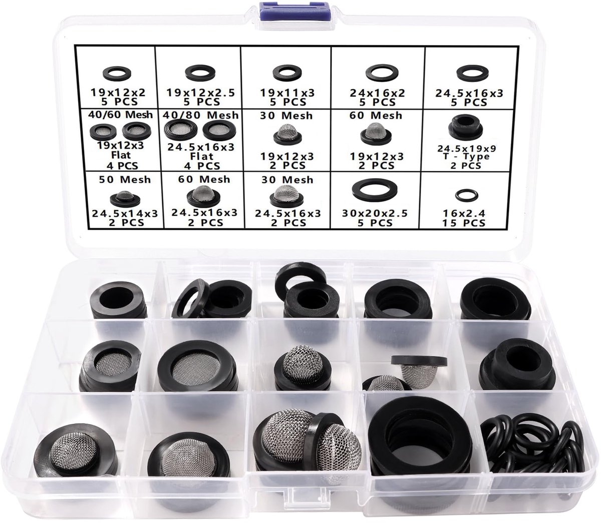 65 Stuks 1/2 3/4 1 Inch Slangringen en Filter Mesh Washer Kit, Mesh Rubber Ringen, Seal O Ring Pakking, voor Waterkraan Douche Tuinslangconnector