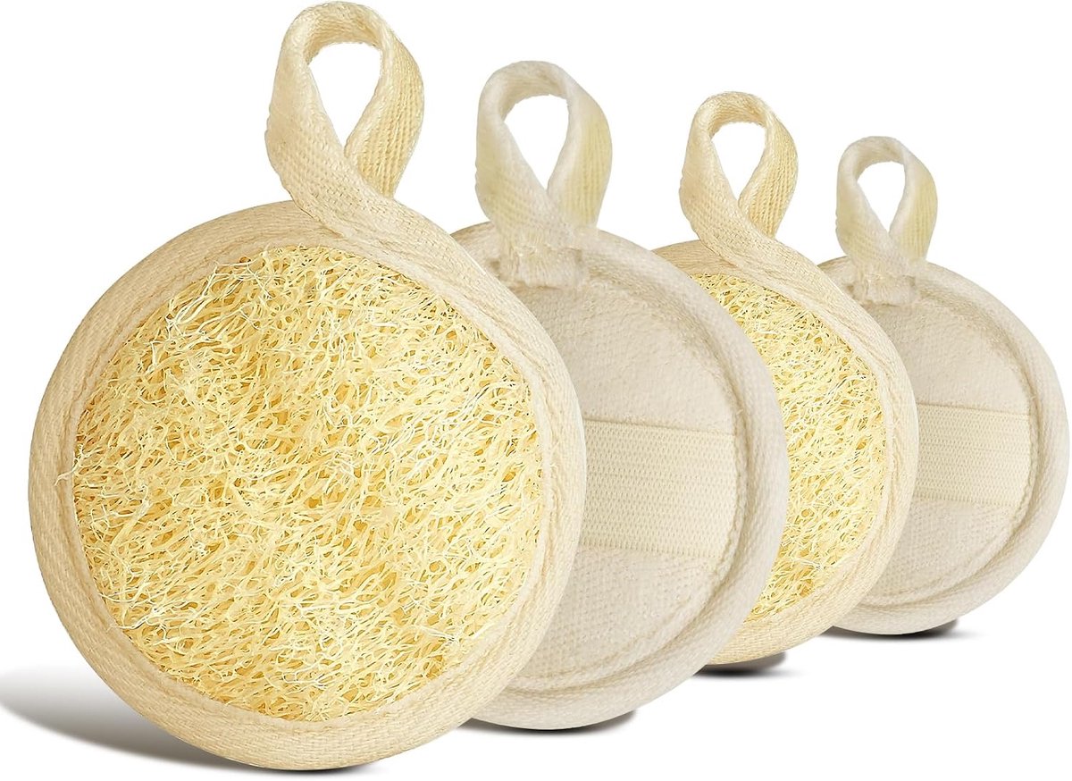 Lufah Scrubbe Gezichtscrubbe, 4 stuks schuimrubberen loofah-spons, biologisch afbreekbare douche, natuurlijke luffa-sponspads, reiniging van mee-eters, exfoliatie