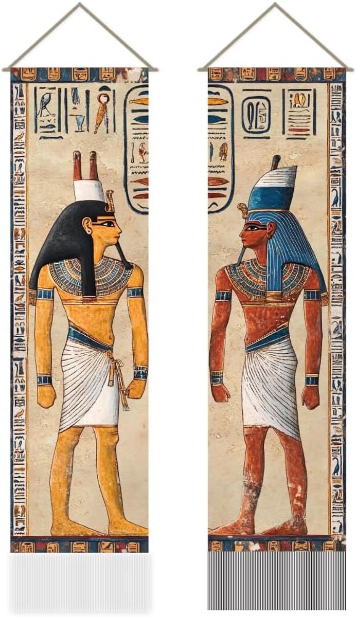 2 stuks oud Egyptisch wandtapijt, farao's en hiërogliefen lang verticaal wandtapijt wandhanger, retro Egypte thema kwast wandtapijten voor slaapkamer woonkamer decoratie, 116 x 33 cm