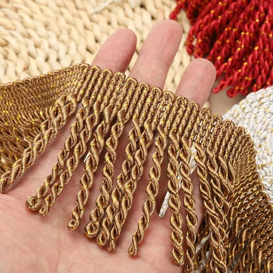 Kwasten franje trim, 12,5 m x 7,5 cm stoffen trim versieringen franjes voor naaien DIY handwerk gordijnen kussen lampenkappen sofa kleding rood — afbeelding 2