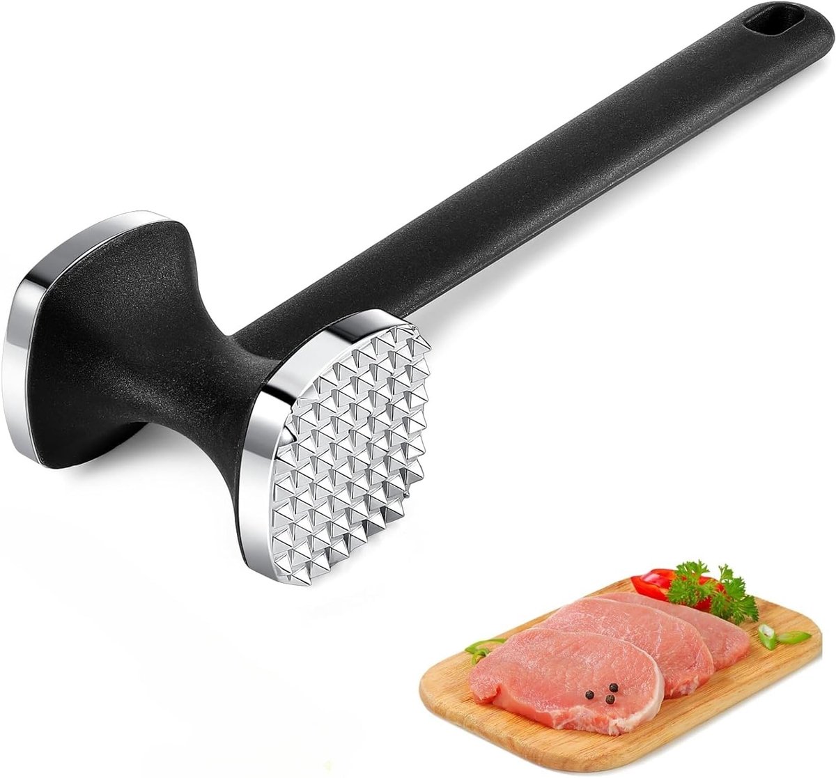 Vleesklopper van roestvrij staal, vleesklopper hamer, dubbelzijdig, antiaanbaklaag, fijnmakershamer met antislip handgreep voor steak, schnitzels, rundvlees, kip (zilver)