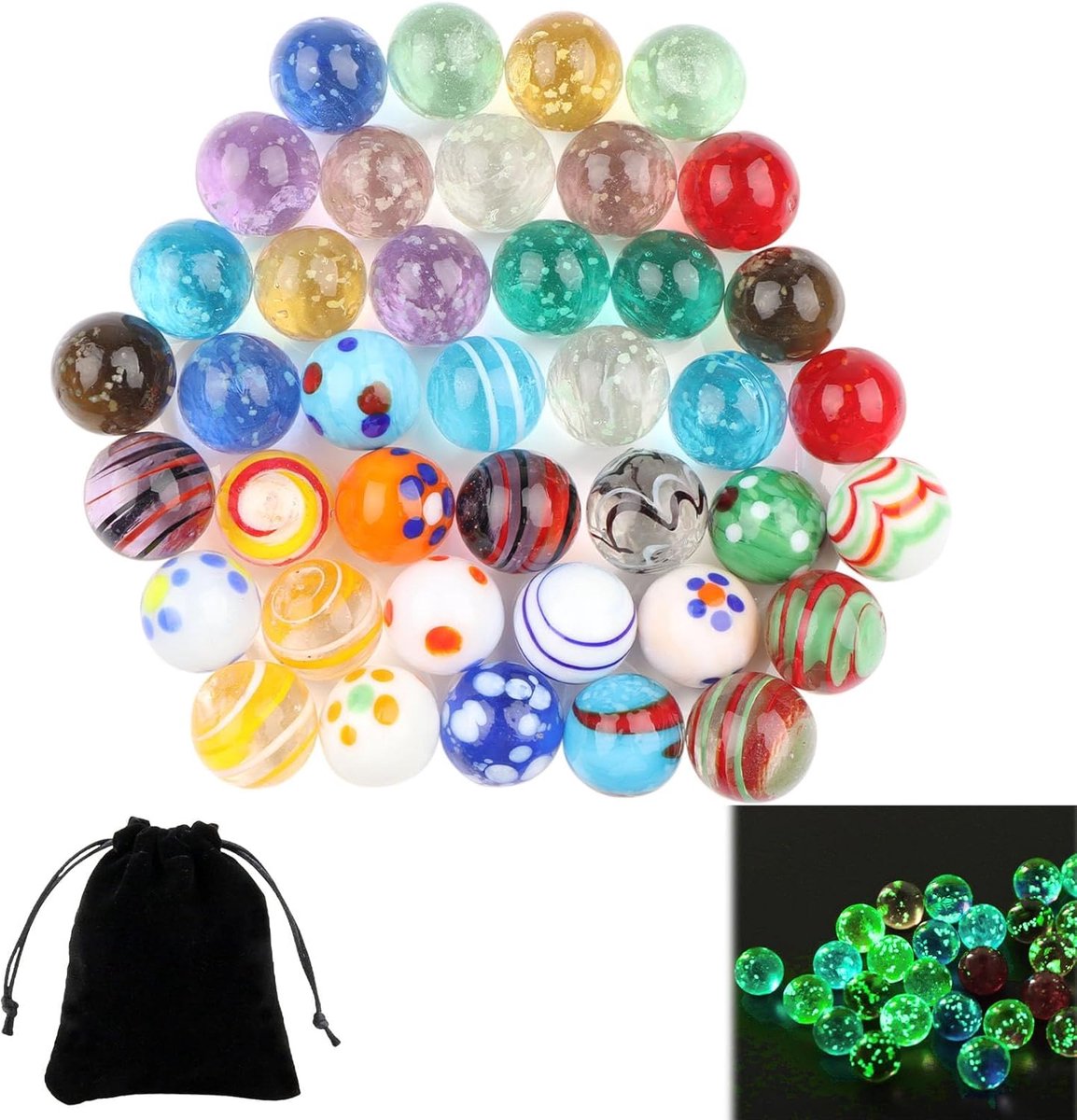 Knikkers, 16 mm Knikkers Glas Kleurrijke, Glazen Knikkers | Lichten op in het Donker, Decoratieve Lichtgevende Knikkers voor Kinderen, Kleurrijk Marmeren Baanspel, Woondecoratie, DIY