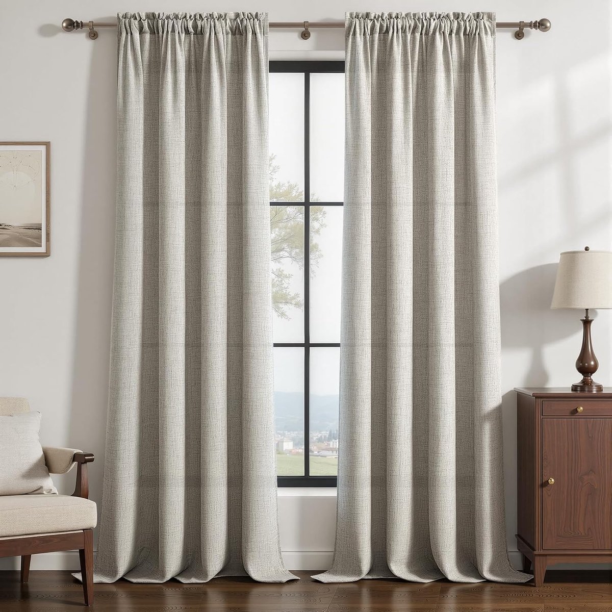 Linnen gordijnen met stangdoorgang linnenlook gordijn halftransparant set van 2, 245 cm lang, 140 cm breed, moderne gordijnen voor woonkamer slaapkamer binnendecoratie raam