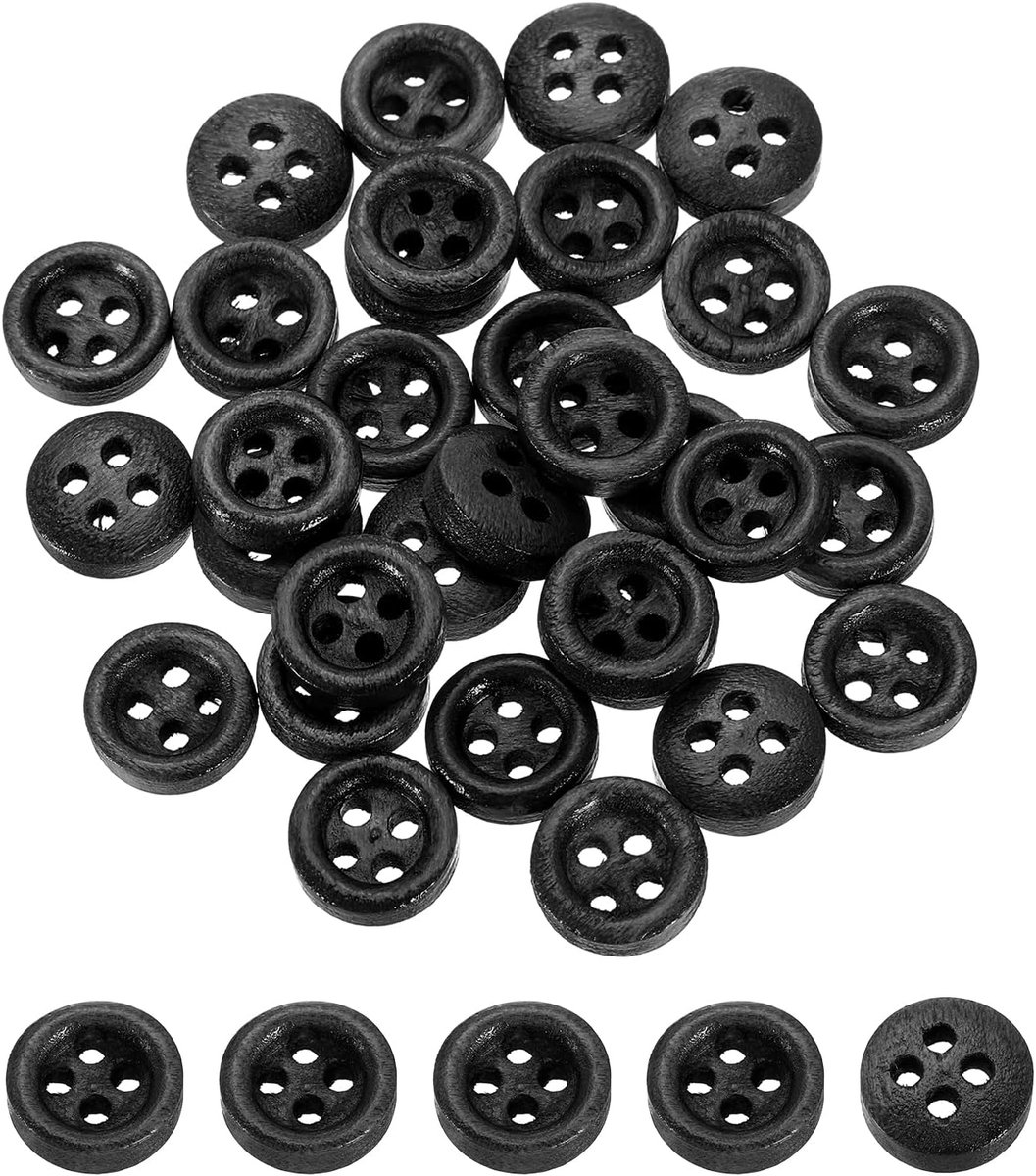 Knopen, 10 mm (13/32") 4 gaten ronde houten knopen naaien knoop handwerk platte achterkant voor naaien, doe-het-zelf handwerk, kleding, zwart