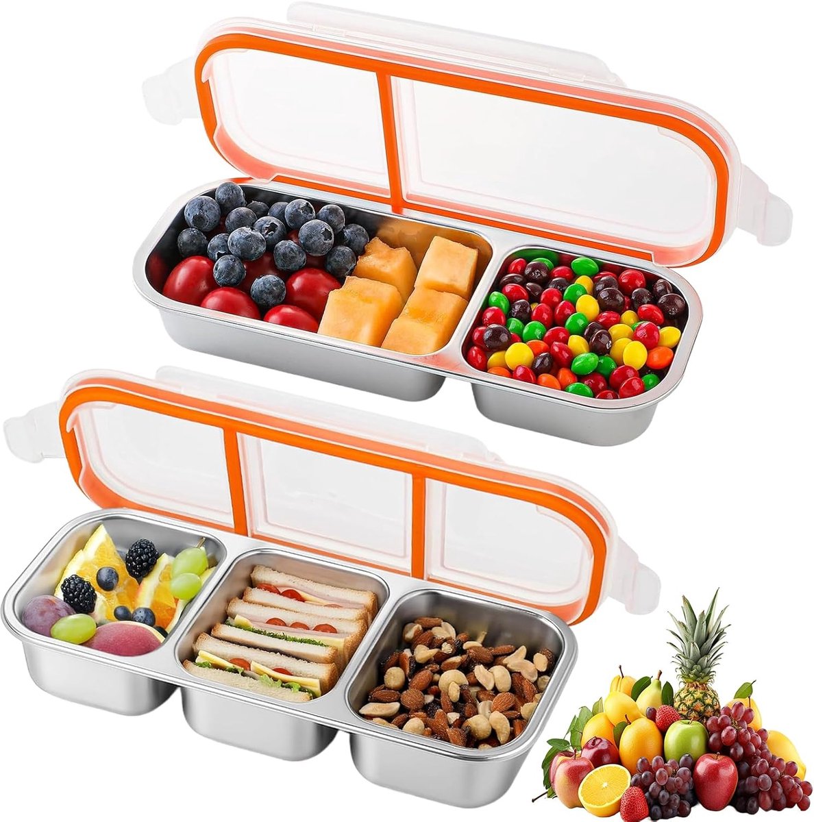 2 stuks snackbox met vakken, roestvrij staal