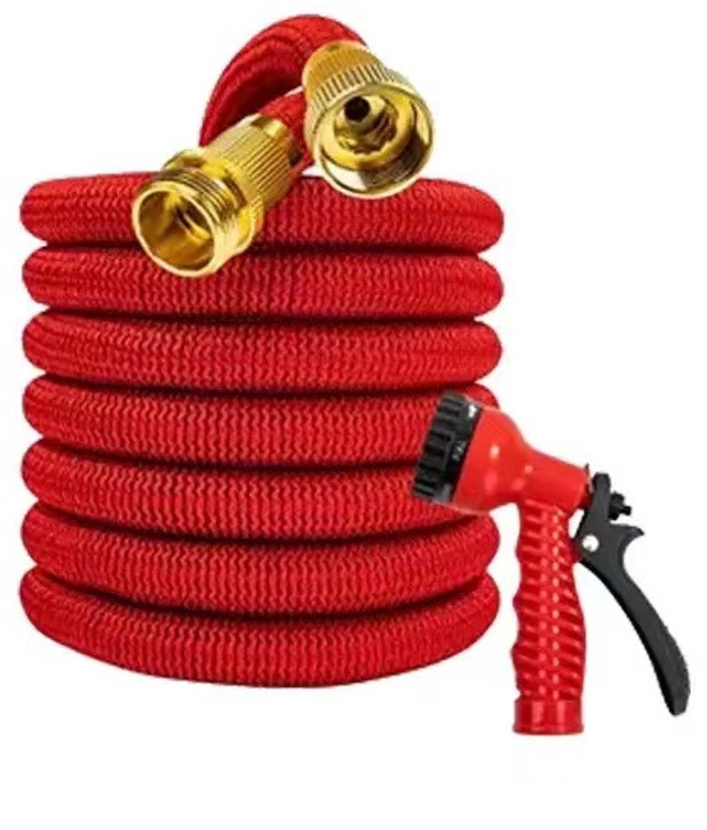 Uitschuifbare tuinslang – Een flexibele “magische slang” met een multifunctionele sproeikop, rood, 7 standen (uitgeschoven tot 60 meter wanneer gevuld met water).