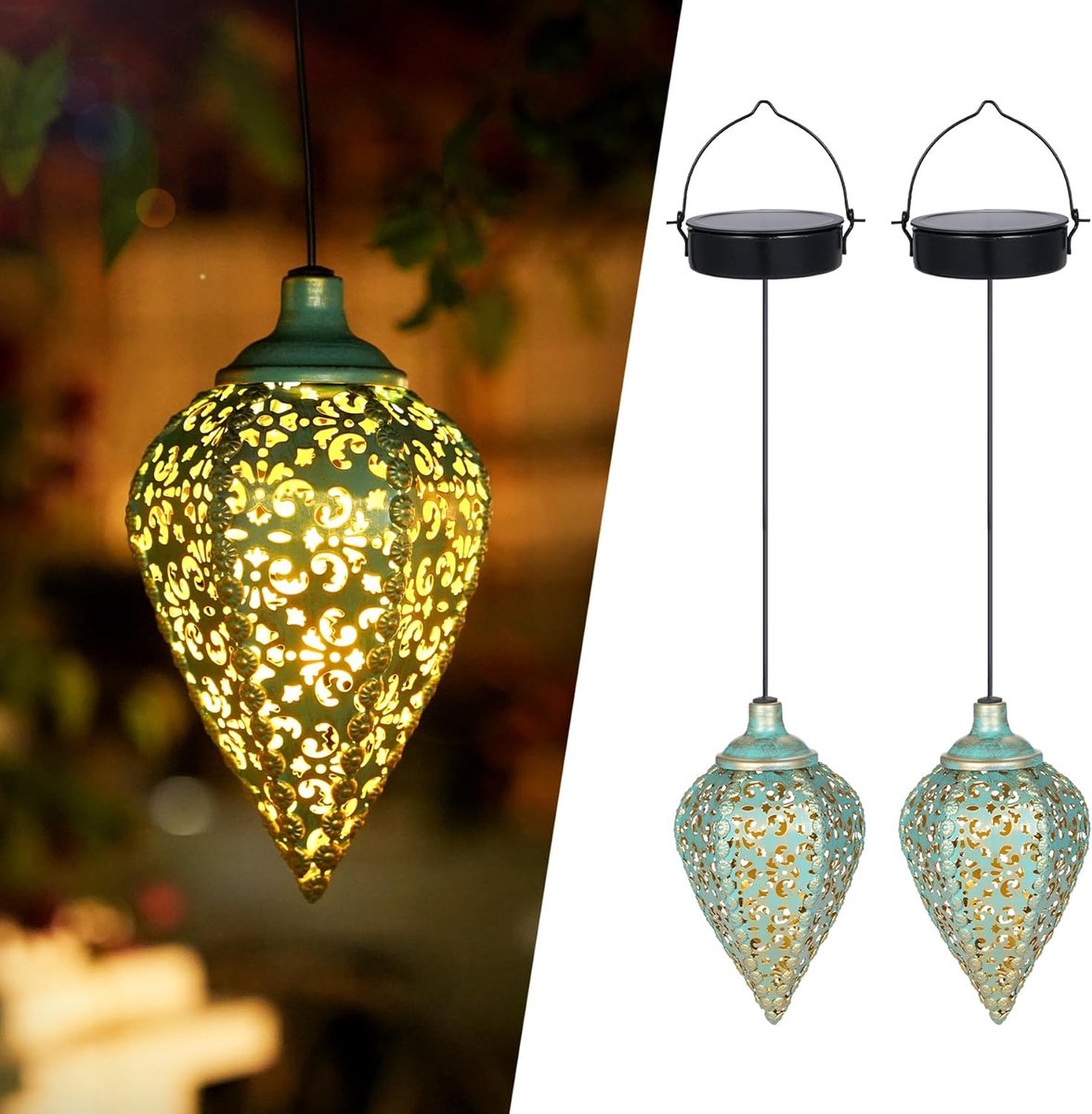 Lantaarns op zonne-energie voor buiten, hangend, 2 stuks, IP65 waterdicht, metalen led-zonnelampen voor buiten, tuin, hangend, oosterse decoratie, balkon, terras, Kerstmis