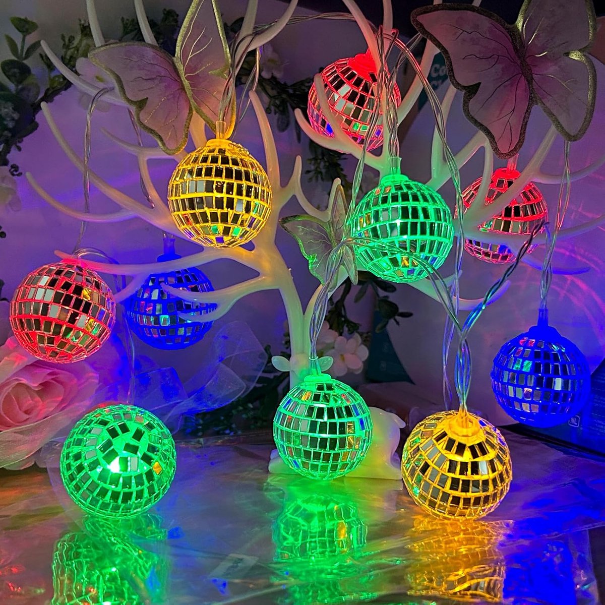 10 mini-kleurrijke discobollichtsnoeren, discolicht met feestsfeer in jaren '70-stijl, hangende spiegelende mini-discobol, lichtketting voor muren, ramen, binnen en buiten, feestdecoratie