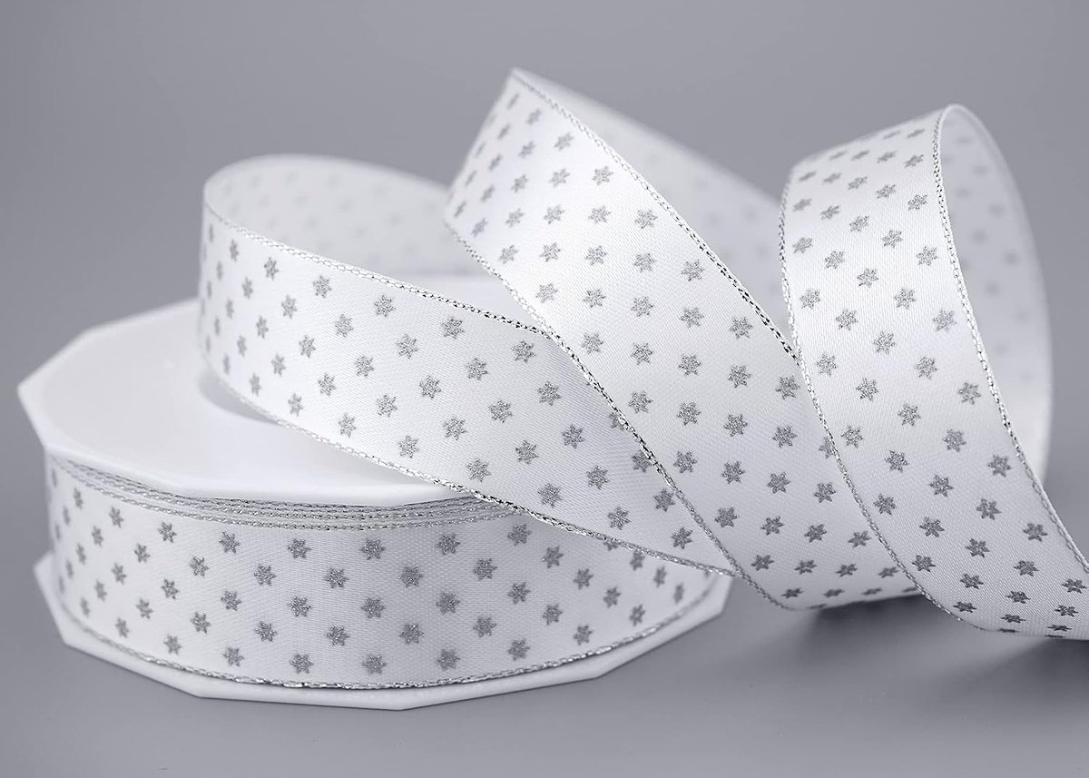20 m x 25 mm decoratief lint Mini Stars wit zilver satijnen lint met Lurex randen zilveren sterren gestippelde cadeaulint lint stoffen lint decoratief lint geschenkverpakking Kerstmis Advent