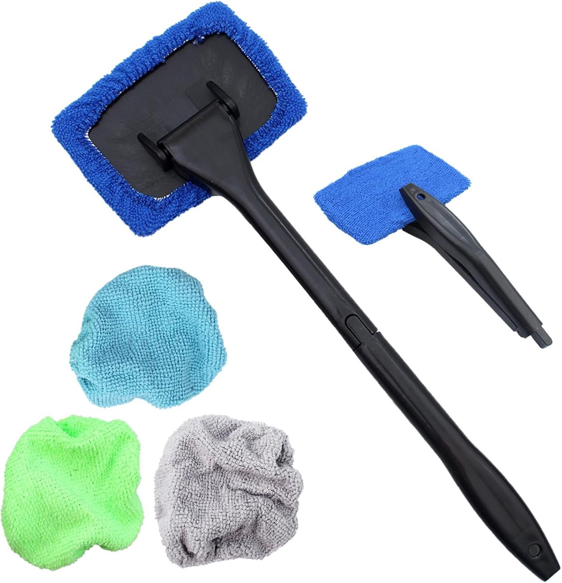 1 x reinigingsborstel voor autoruiten, met 4 herbruikbare microvezelpads voor de auto, reinigingsset, intrekbare voorruitreiniger, reiniging van autoruiten in het interieur, reiniging van de voorruit
