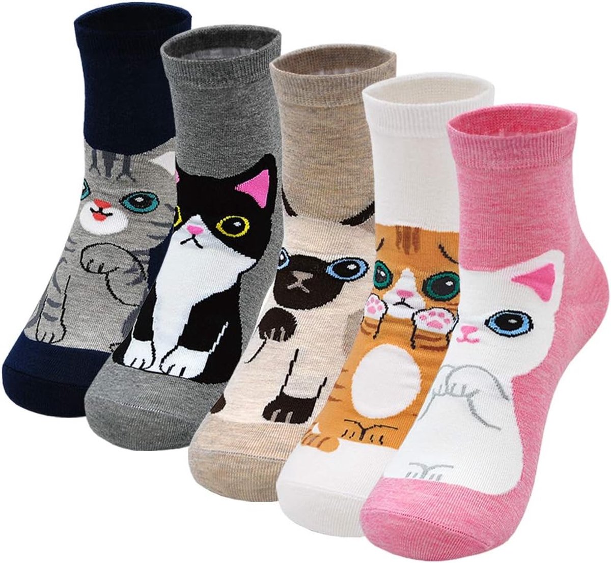 Lustige Bunte Socken Damen Tier Muster Niedlich Socken aus Baumwolle Süß Karikatur Kawaii Katze Socken Neuheit Socken Geschenk für Mädchen Damen, Größe 35-41, 2/5 Paare