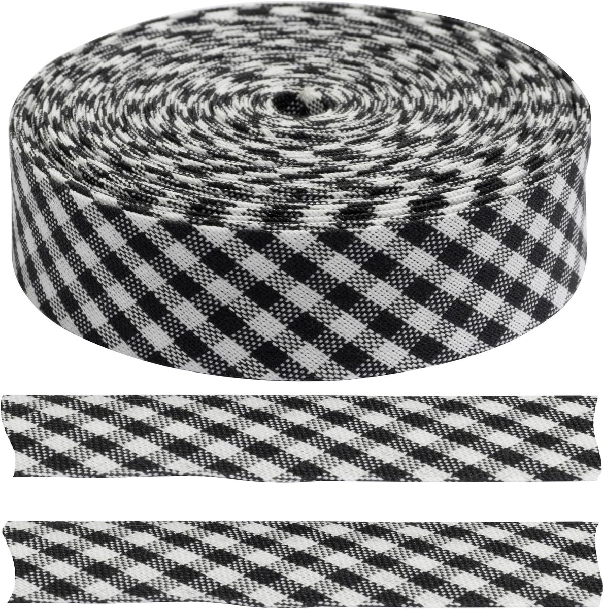 Biaisband 4,5 meter x 18 mm met vierkant patroon - kleur zwart/wit - van polyester/katoen