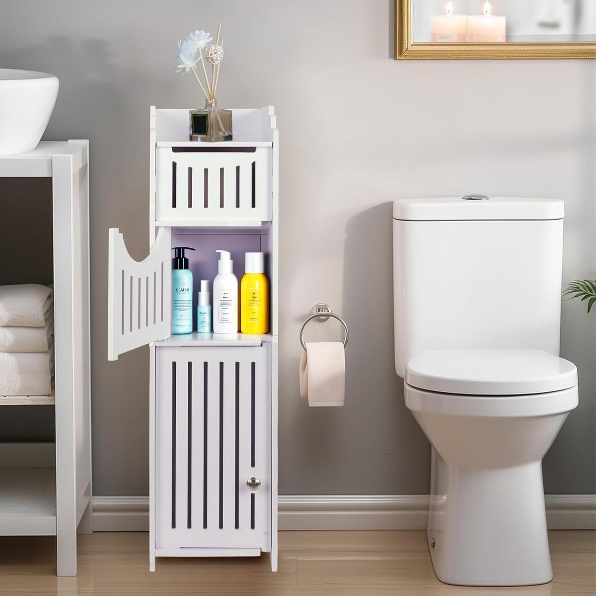 powerking Toiletpapierhouder Stand, Toilet Opbergkast voor Badkamer, Dunne Hoekplank voor Kleine Ruimte Opberging, Kleine Badkamer Opbergkast met Deuren, Wit