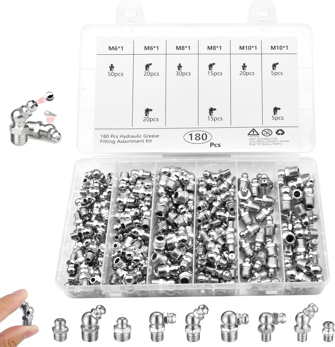 180 stuks smeernippel assortiment kit: Rechte hydraulische vetnippels 45° 90° kegel smeernippels | Smeernippelset M6 M8 M10 Goede afdichtingsprestatie voor vetpers smeerpersen meeste auto's tractoren