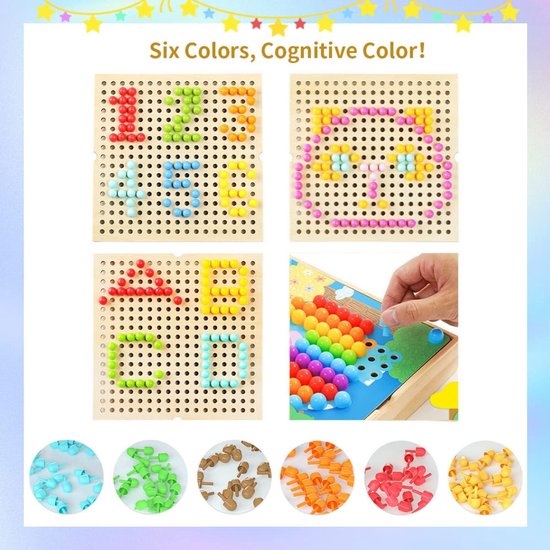 Mozaïek steekspel voor kinderen, mozaïek pegboard met 240 steekkralen, pedagogische paddenstoelnagels, puzzel, speelgoed voor jongens, meisjes, kinderen, voor 2, 3, 4, 5, 6 jaar — afbeelding 4