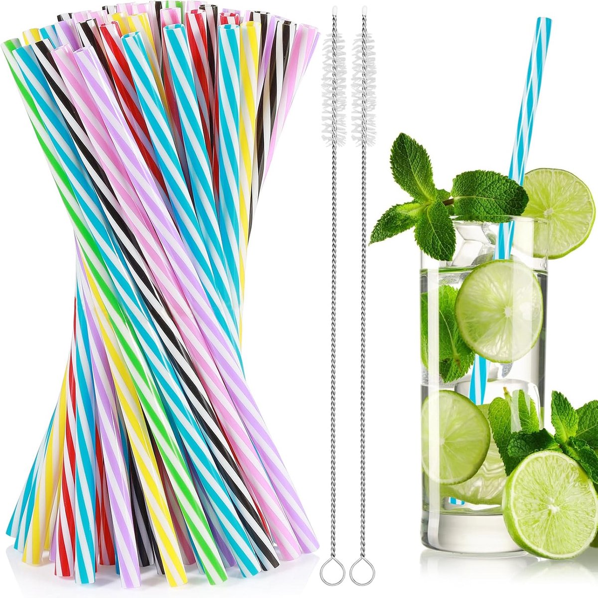 60 stuks rietjes van kunststof, verdikt, 23 cm Ø 7 mm, met 2 rietjesborstels | Herbruikbare plastic rietjes, 6 kleuren, rietjes voor smoothies, sappen, cocktails