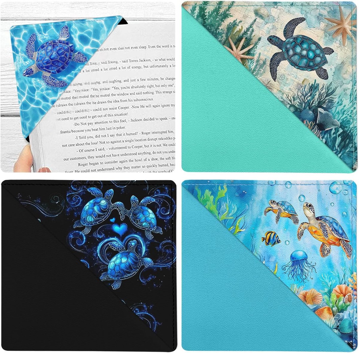 bolimoss Leuke zeeschildpad hoek bladwijzers 4 stuks, grappige boekaccessoires voor boekenliefhebbers, lederen leesboekpaginamarkeringen voor vrouwen, mannen, meisjes, jongens, kinderen, student,