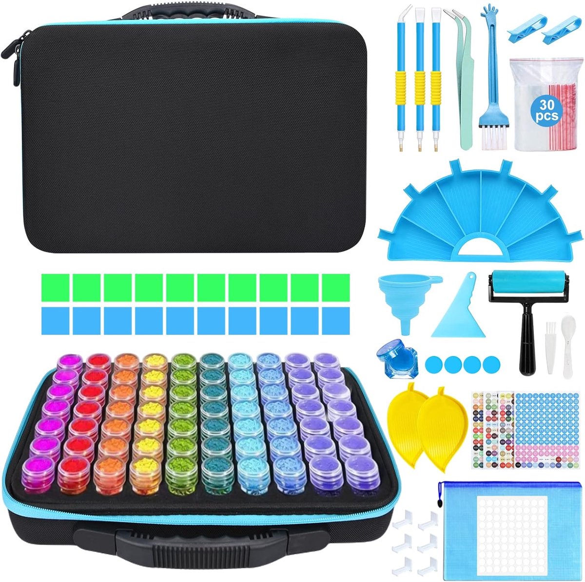 5D Diamond Painting accessoiredozen, 70 vakken, opbergdoos voor diamantschilderen, met koffer, trechter, pincet, trechter-stickers, voor strass, kralen, nagels, doe-het-zelf handwerk