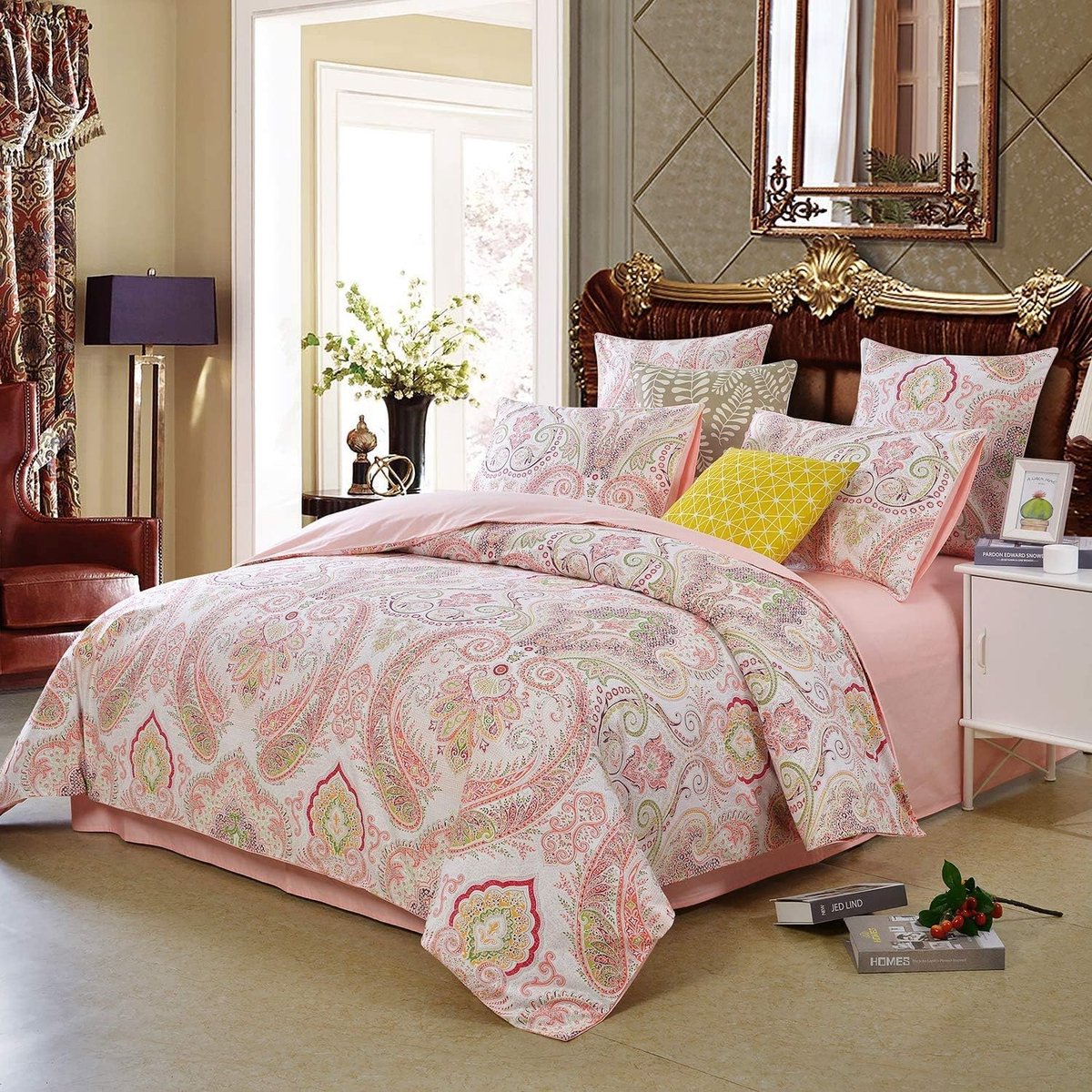 Beddengoed, 220 x 240 cm, bohemian stijl, roze/wit, boho, elegant, omkeerbaar beddengoedset, tweepersoonsbed, renforcé-dekbedovertrek met ritssluiting en 2 kussenslopen, 80 x 80 cm