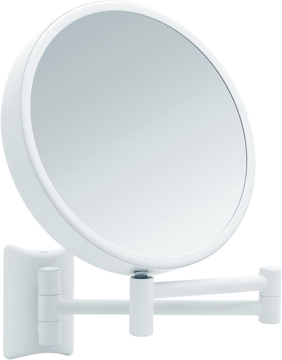 Vergrotende Wandspiegel – 360° Draaibare Make-upspiegel – Dubbelzijdige Scheerspiegel met 3x en 7x Vergroting – Uitschuifbare Witte Metalen Arm, Ø 19 cm