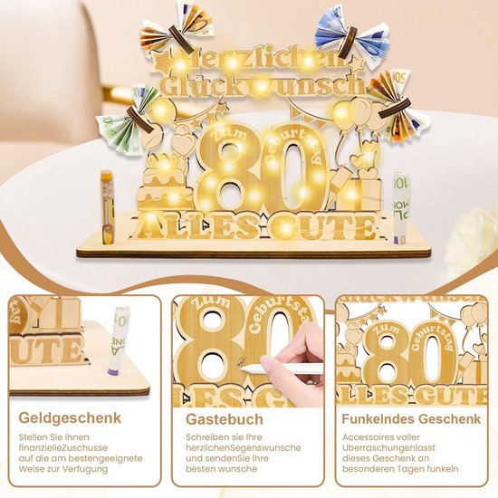 Verjaardagsdecoratie voor vrouwen en mannen, geldgeschenken voor verjaardag, houten bord, gastenboek, cadeaus voor de 80ste verjaardag, met led-lichtsnoer, gepersonaliseerd cadeau, 80ste — afbeelding 4