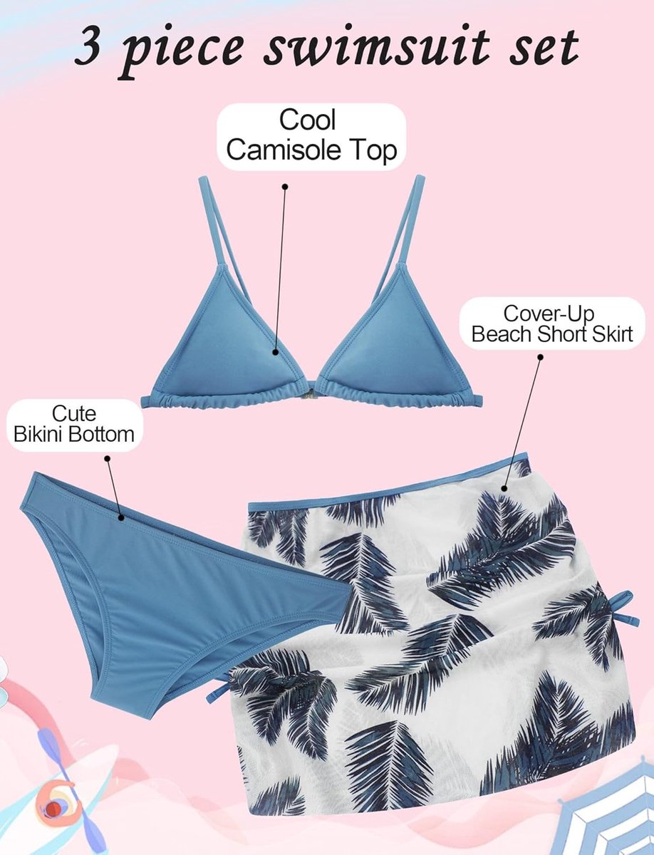 Meisjesbikiniset met rok, 3-delig, tieners, badmode, modieus bedrukt, badpak, gevoerde badkleding voor 140-170 cm