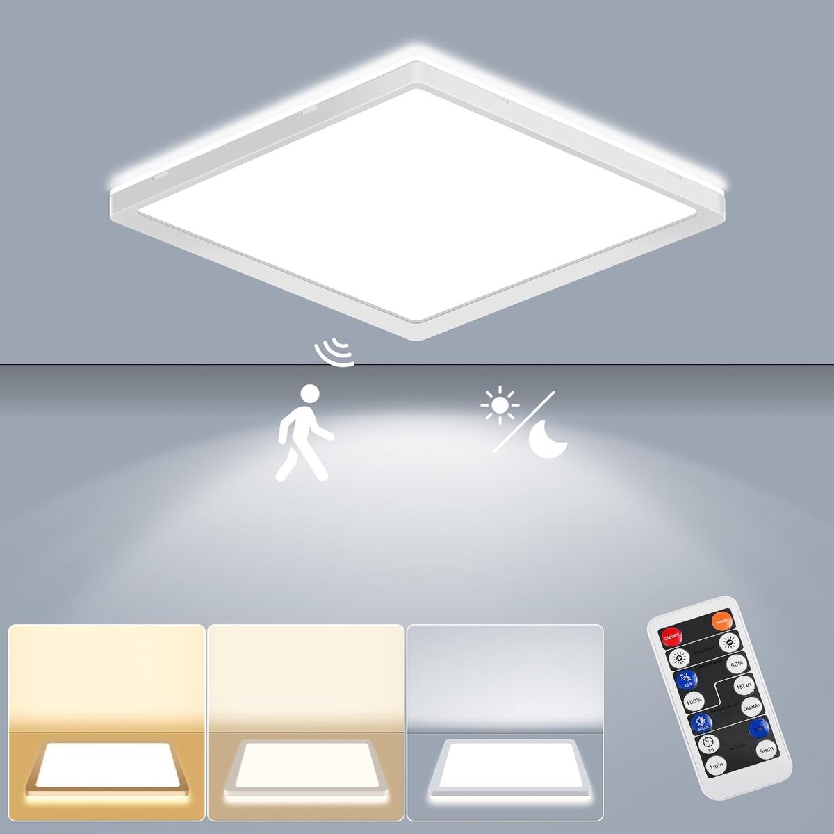 LED plafondlamp met radar bewegingsmelder, 18W 2000lm plafondlamp plat met afstandsbediening, bewegingssensor, voor badkamer, hal, trap, toilet, garage, kelder, balkon 22x22x2.5cm Vierkant
