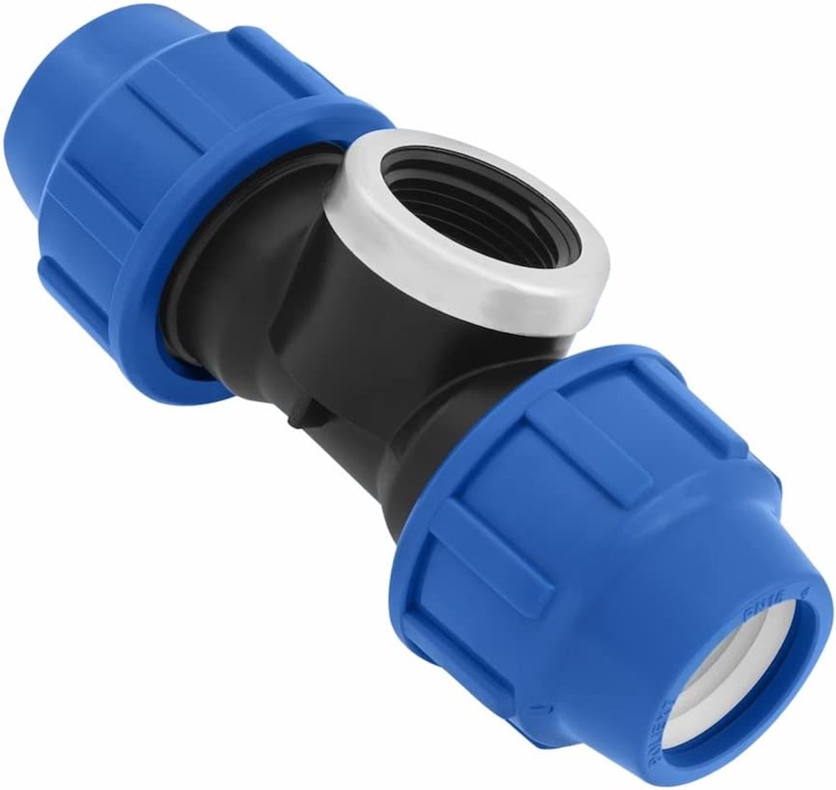 PE buisfitting 20 mm x 1/2 x 20 mm, binnendraad IG, schroefverbinding PN16 DVGW, drinkwater gecertificeerd, klemverbinder, PP T-stuk koppeling voor PE80 PE100 buizen, 1 stuks