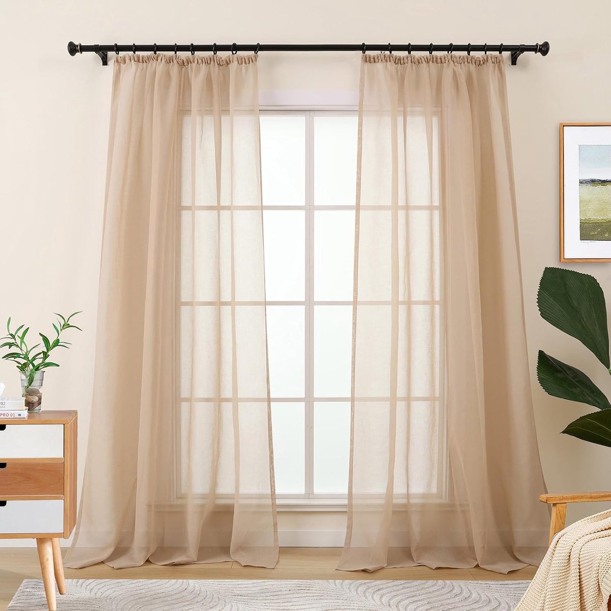 Gordijnen, beige, voor woonkamer, transparant, met plooiband voor railsysteem, slaapkamer, set van 2 in linnenlook, modern, 225 cm