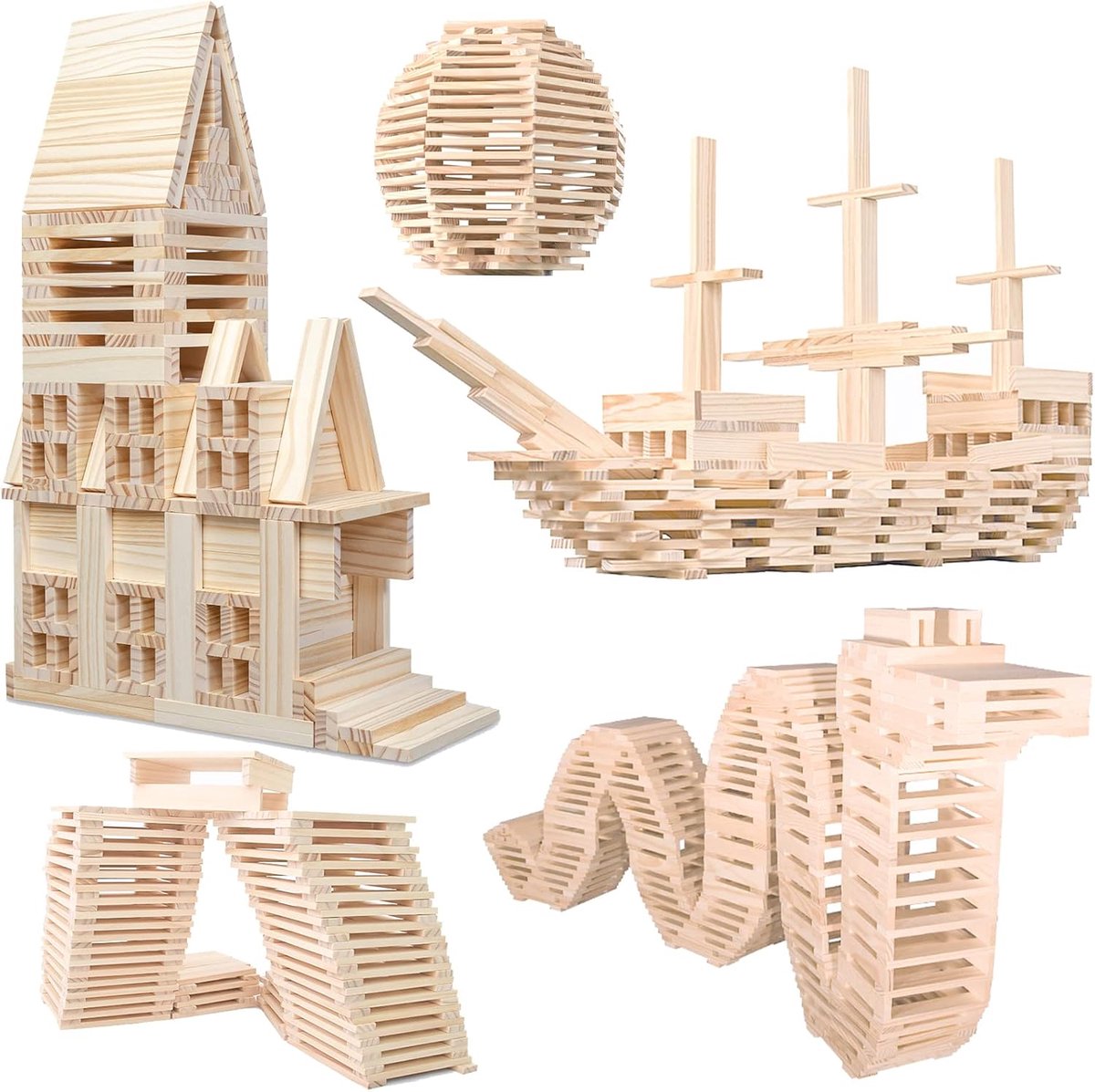 200 stuks houten bouwstenen, creatieve Montessori STEM bouwblokken van natuurlijk grenenhout, sensorisch speelgoed voor kinderen, educatief leerspeelgoed vanaf 1 jaar, 3D ruimtestapelspellen