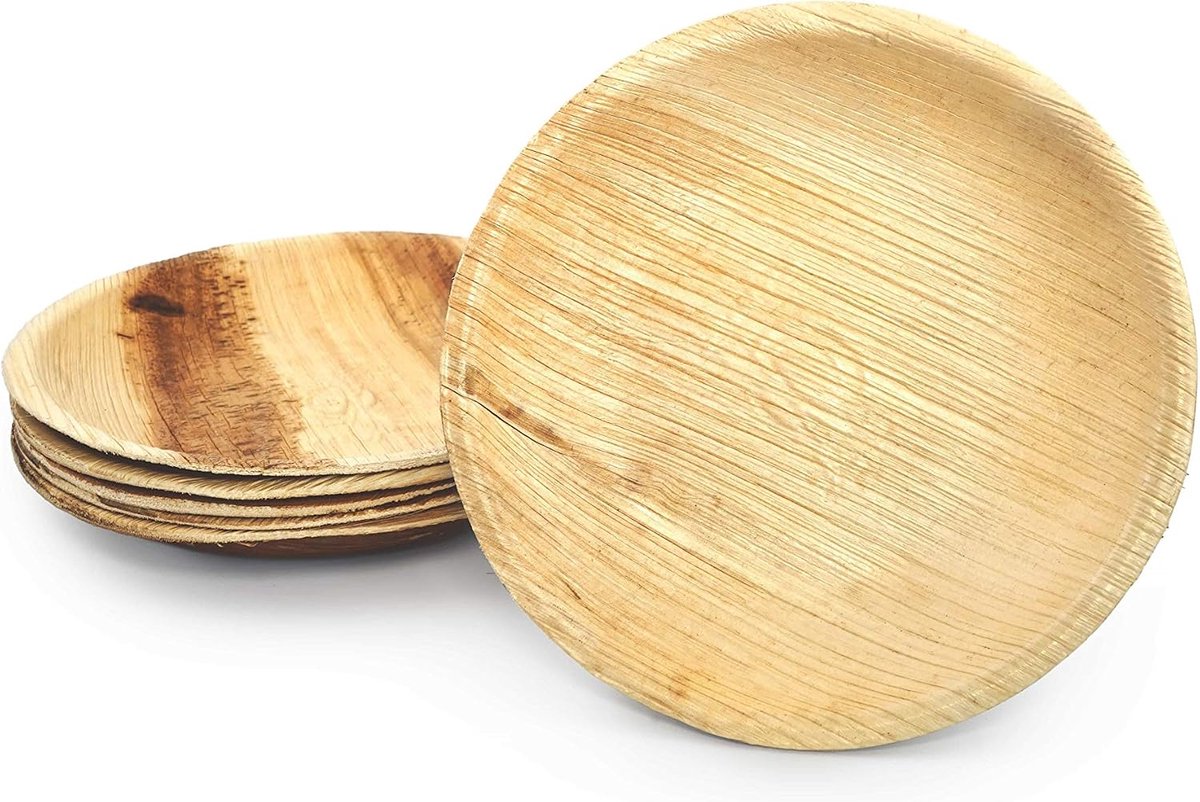 25 ronde wegwerpborden van palmblad, diameter 15 cm, biologisch afbreekbaar, composteerbaar, 100% composteerbaar, stabiel en robuust, materiaal palm, hout, bamboe