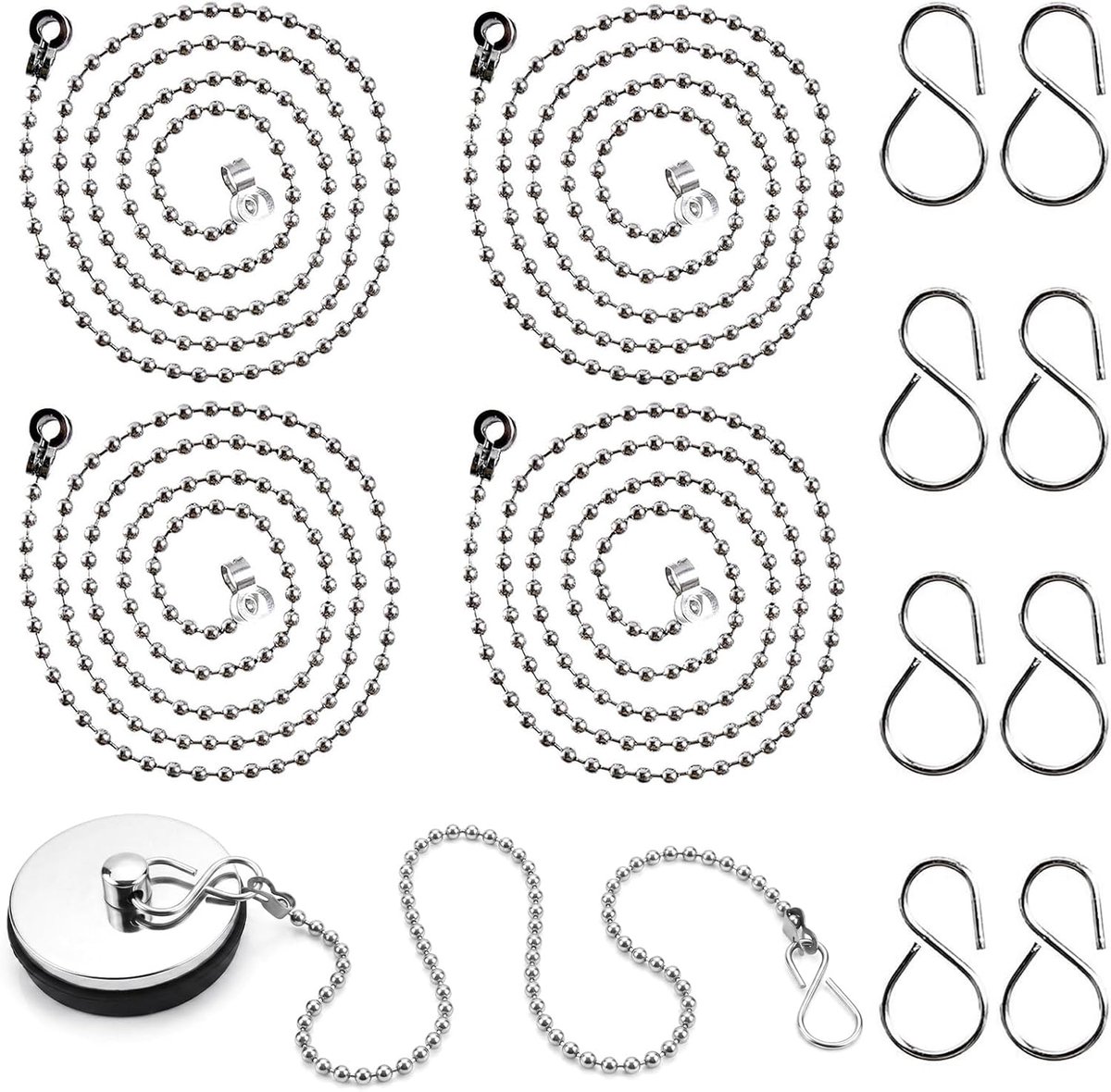 Type Plug Kettingen Bad Sink Stopper Chain Bad RVS Plug Chain met S Haak voor Wastafel Badbenodigdheden, 23,6 Inch Lang (4 stuks)