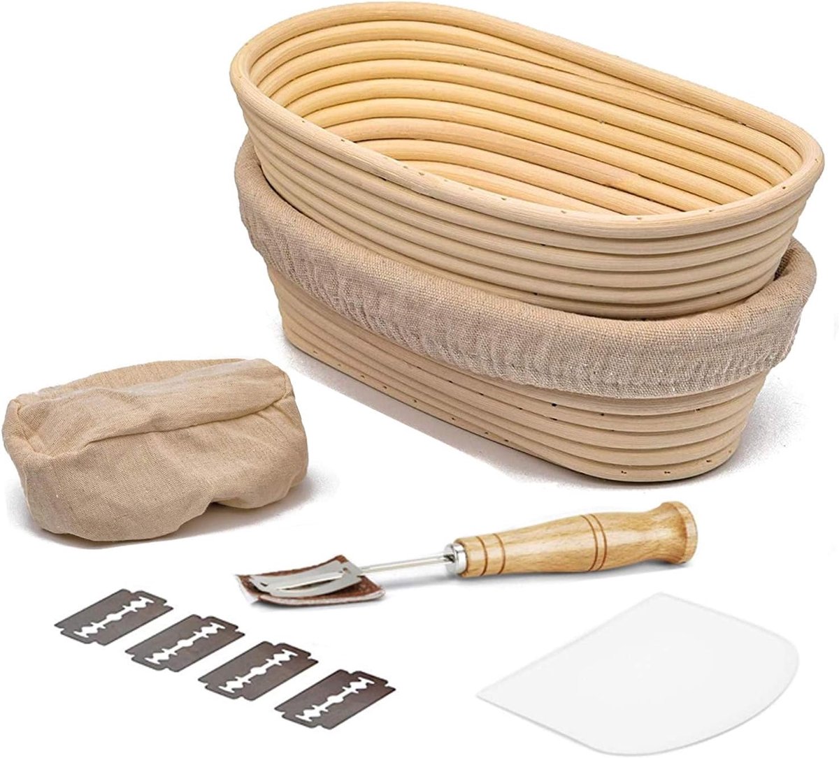 ovaal, set van 2 (Ø 25 cm), natuurlijke rijsmand met banneton-proofing, broodvorm, ovaal met 5 scheermesjes, bakkersmes + linnen inzetstuk + deegschraper voor huisbakkers, brood