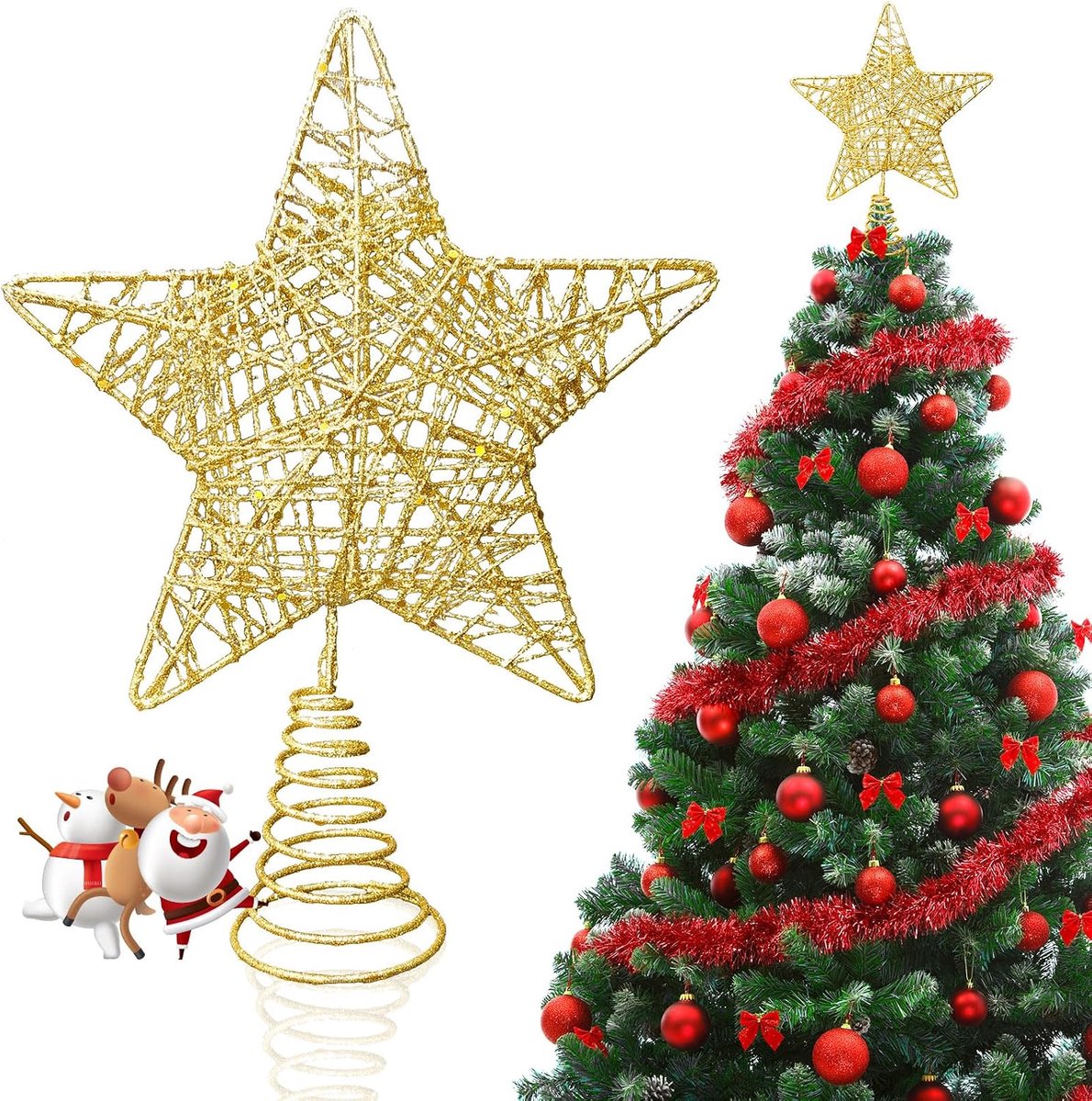 kerstboom, pentagramvorm, ster, kerstboom, topper, boompunt, glitter, metaal, kerstboom, goud, voor decoratie van huis, 18 cm x 23 cm