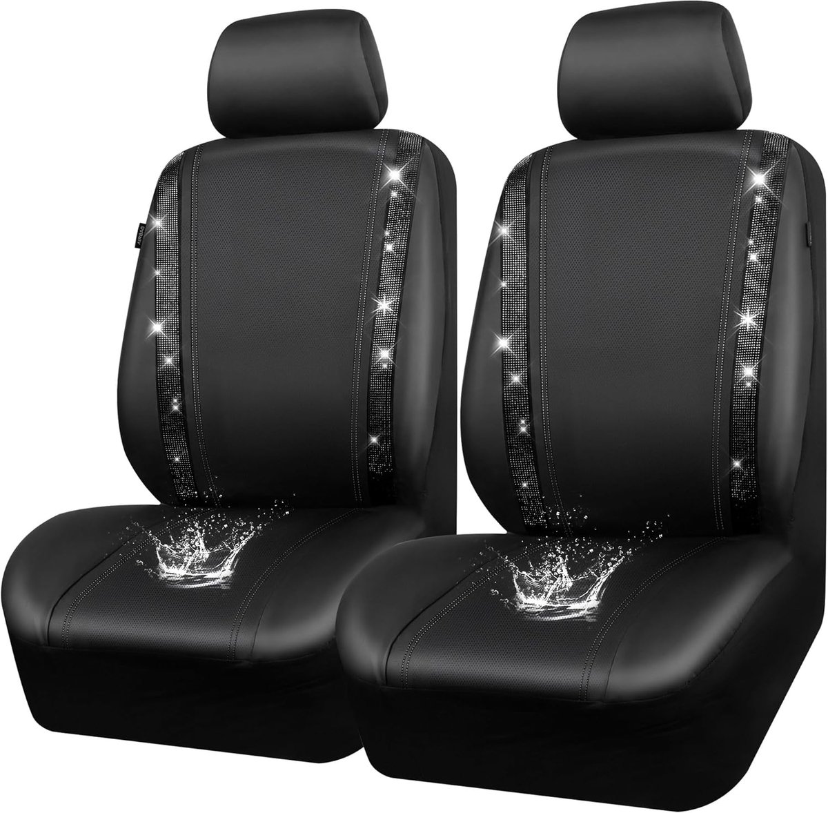 PASS Lederen Diamant Bling Autostoelhoezen 2 Front Interieur Sets, Waterdicht Universeel Glanzend Glitter Kristal Sparkle Fit voor 95% Automotive Truck SUV Leuke Vrouwen Meisje, Zwart