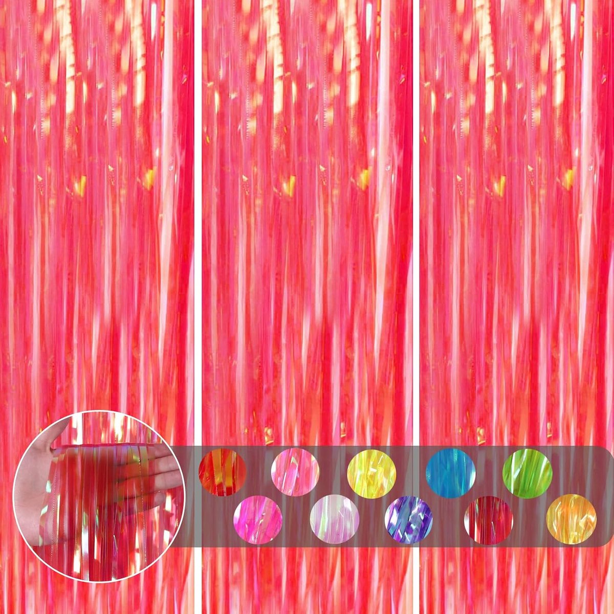 3 stuks klatergoud gordijn holografisch rood glitter folie deurgordijn feest achtergrond, 3,2x6,5 voet (1x2m) iriserende folie franje gordijn feest streamer glinsterend gordijn achtergrond decoraties