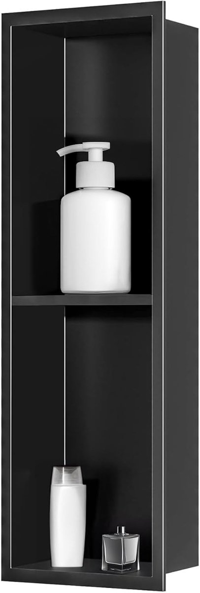 douche roestvrij staal, wandnis opslag met een plank, douchebak 20 x 60 x 10 cm, geen tegels nodig, zwart