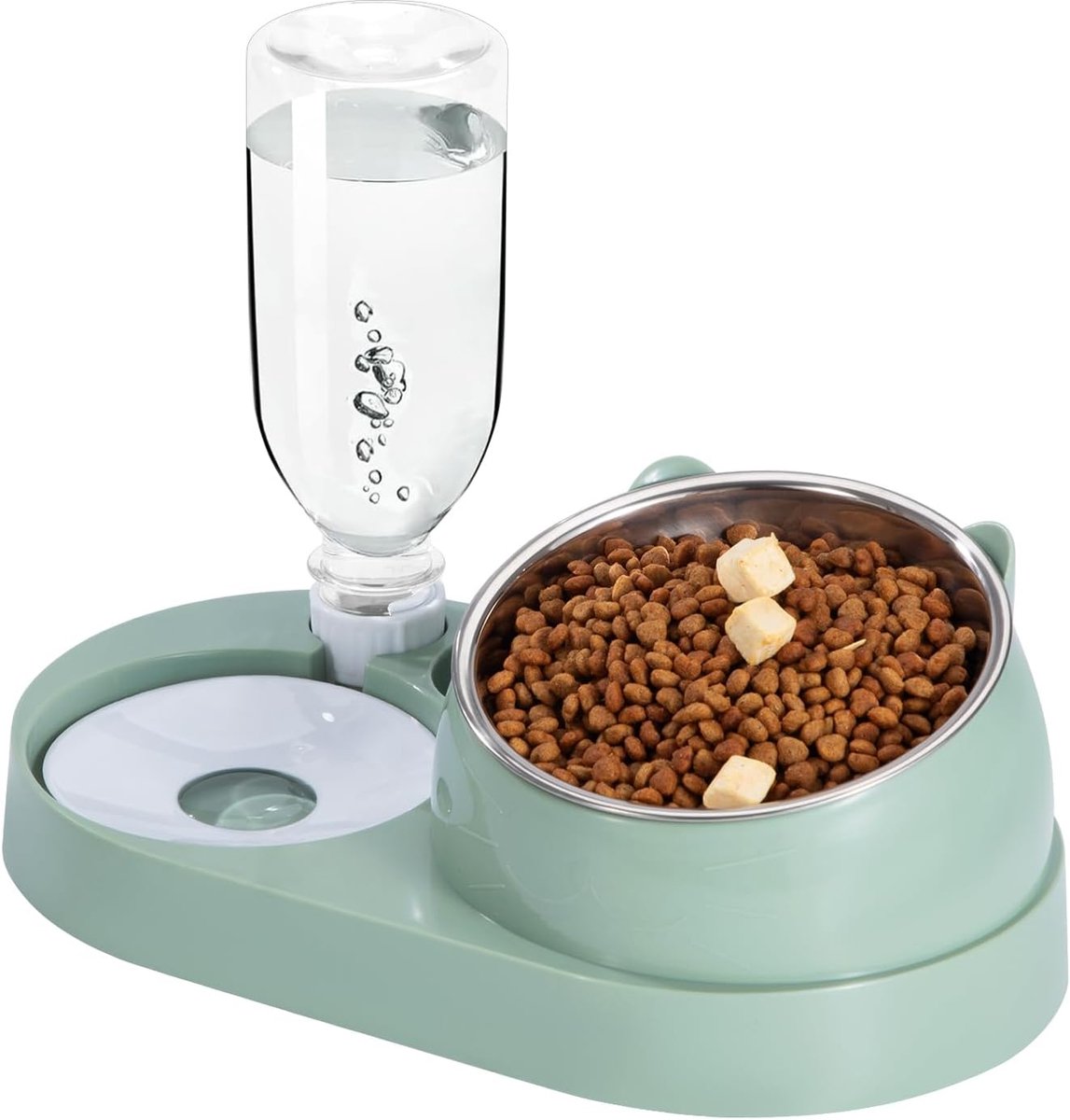 Voederstation voor katten met automatische waterfles, 2-in-1 verhoogde kom van roestvrij staal, anti-braken, kattenbakken voor kleine, middelgrote katten en honden (groen, groot)