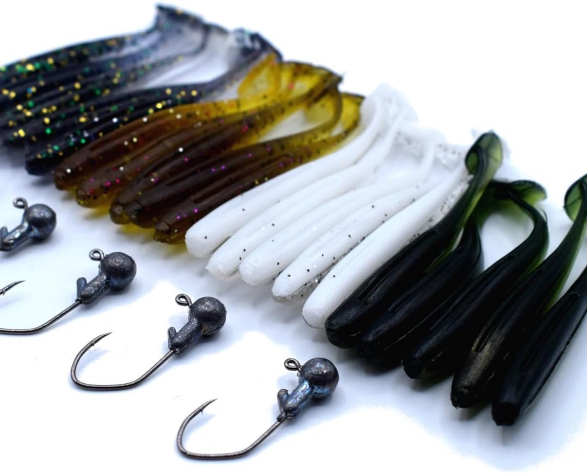 kunstaas voor forel, doevis, baars, roofvissen, 20 stuks + 5 stuks jigkoppen