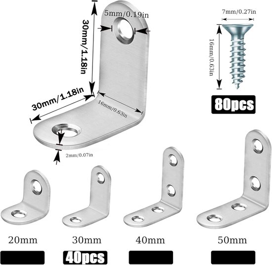 high heels 30 stuks L-vormbeugels rechte hoek voor hout 90 graden slaper roestvrij staal sluiting met schroeven planken meubelkast (30 mm), zilver — afbeelding 2