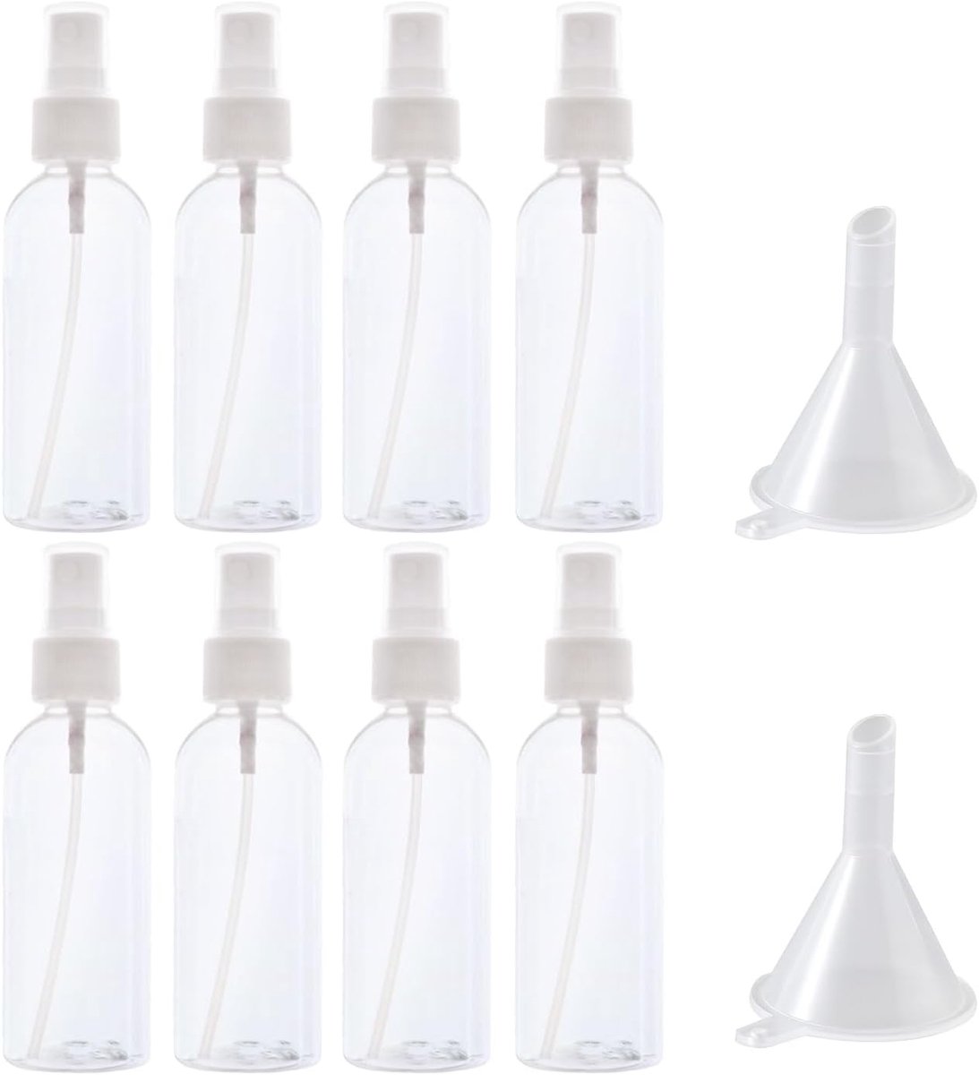 8 spuitflessen à 100 ml en 2 trechters, draagbare spuitflessen, cosmeticadispenserflessen, transparante kunststof spuitflessen, parfumspuitflessen