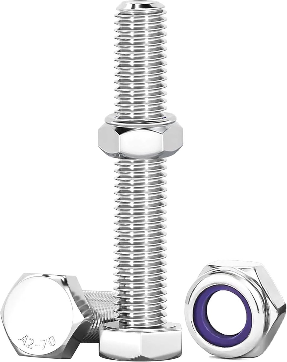 Zelfborgende bouten en moeren, M10 x 50 mm, roestvrij staal, M10, zeskantschroeven en moeren, set van 10 roestvrij staal, A2, V2A, zeskantschroeven, set voor machines, meubels, fietsen,