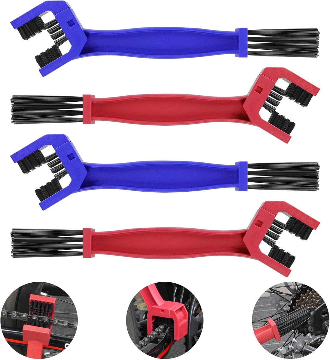 Kettingreiniger, Set van 4 Kettingborstel, Reinigingsborstel voor het reinigen van motor, fiets of scooterkettingen (blauw/rood)