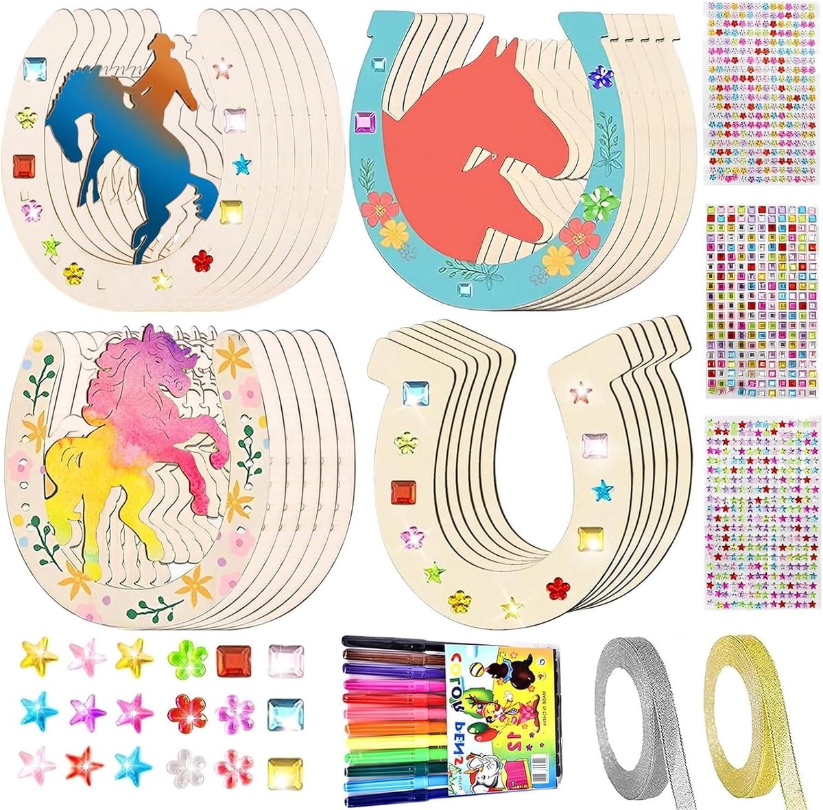 Houten hoefijzers, kinderverjaardag, decoratie, houten schijven, handwerk met 12 aquarelstiften, 3 paillettenstickers, 2 glitterlinten