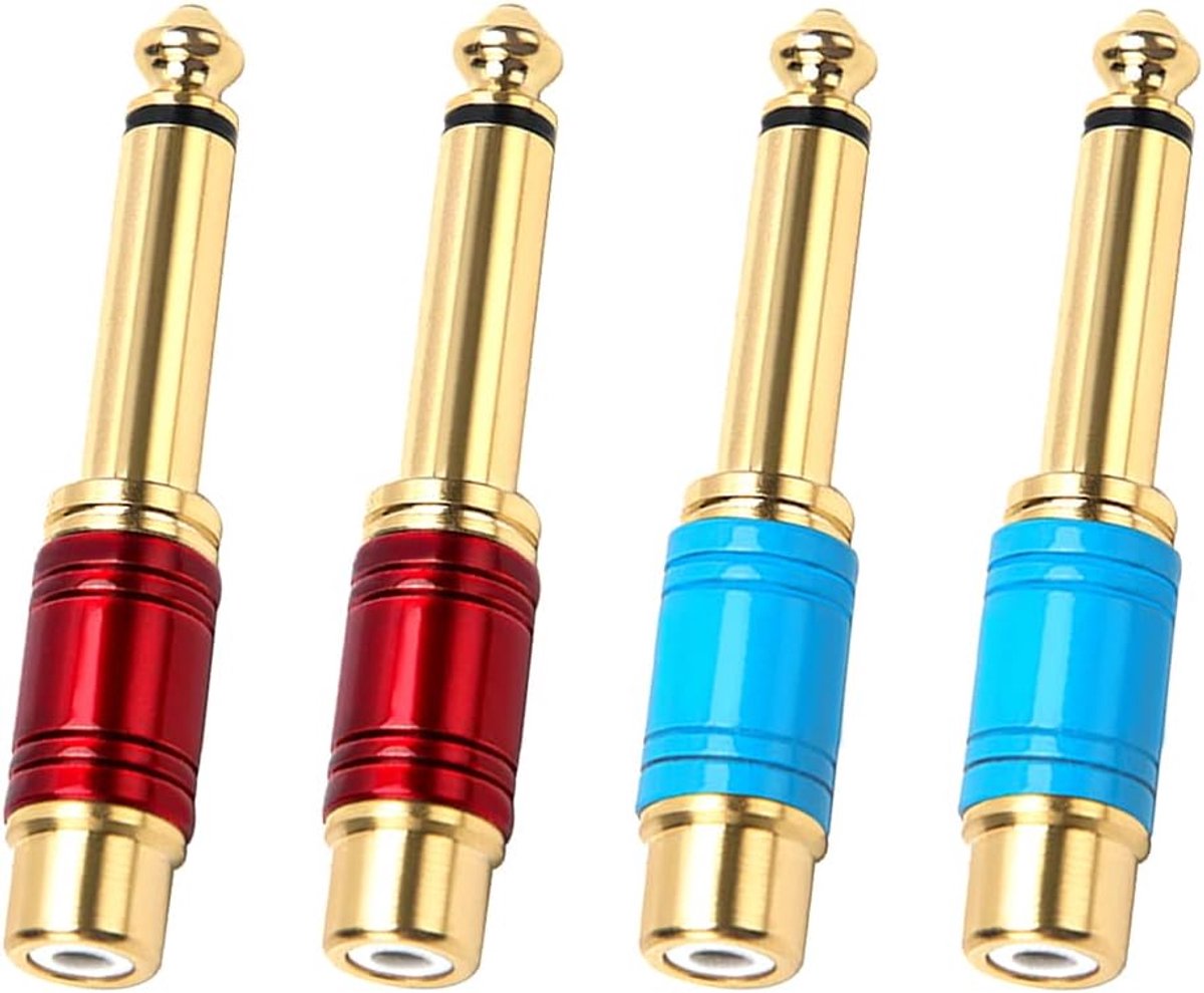 4 stuks 6,35 mm (1/4 inch) stekker mono TS naar RCA-tulpbus Interconnect audio-adapter, cinch naar 1/4 audioadapter, rood en blauw